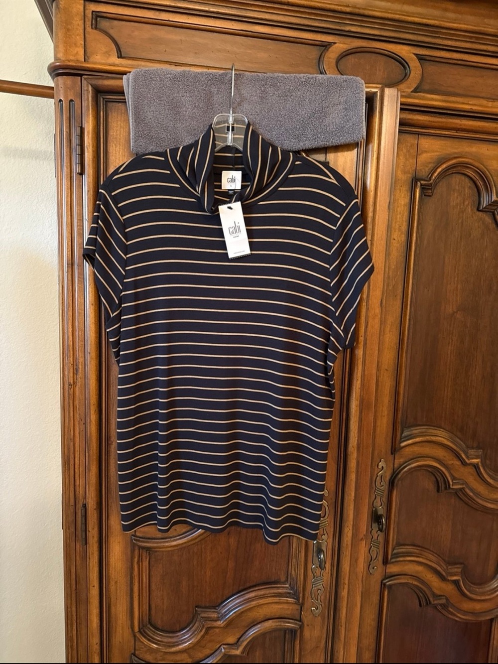 NWT CAbi Slinky Turtleneck Top Camel Black Stripe Size Large